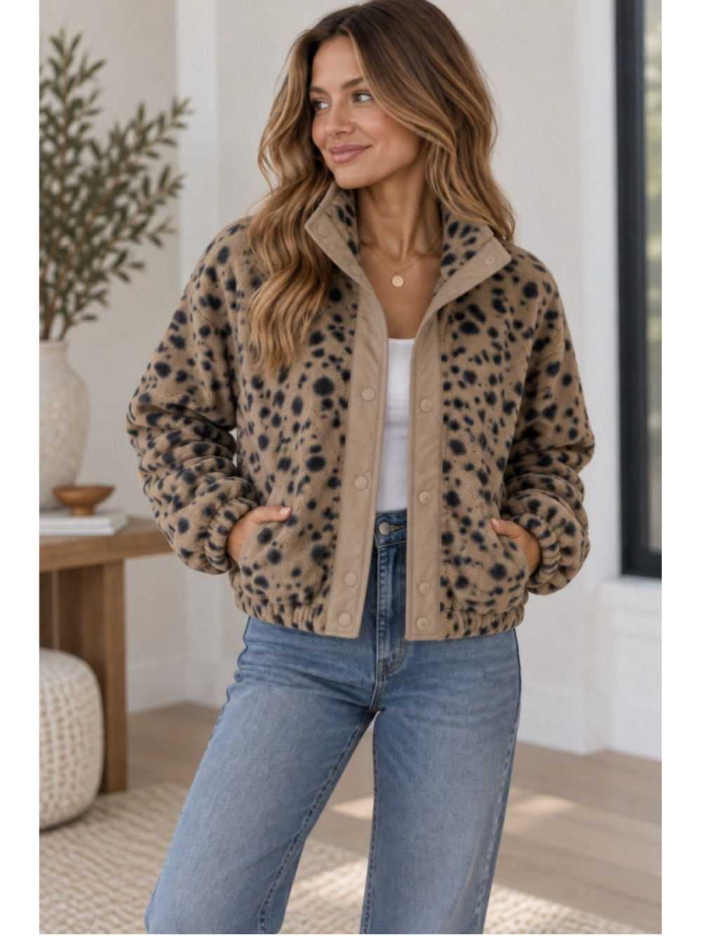 Abercrombie & Fitch Jacket Womens Small Beige Fleece Animal Print Zip Up Jacket